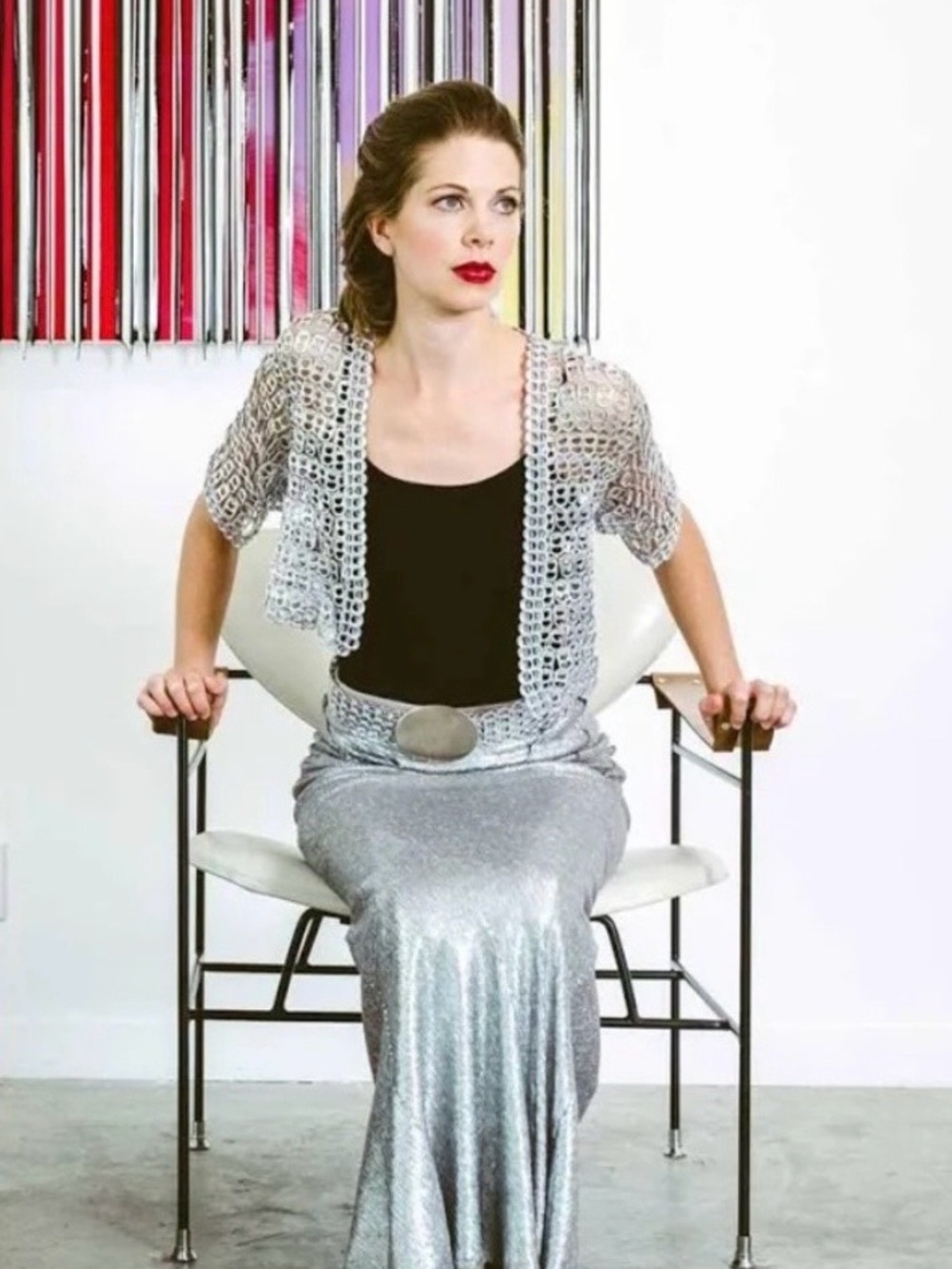 Escama Studio Sweater Womens M Silver Cropped Open Front Shrug Bolero